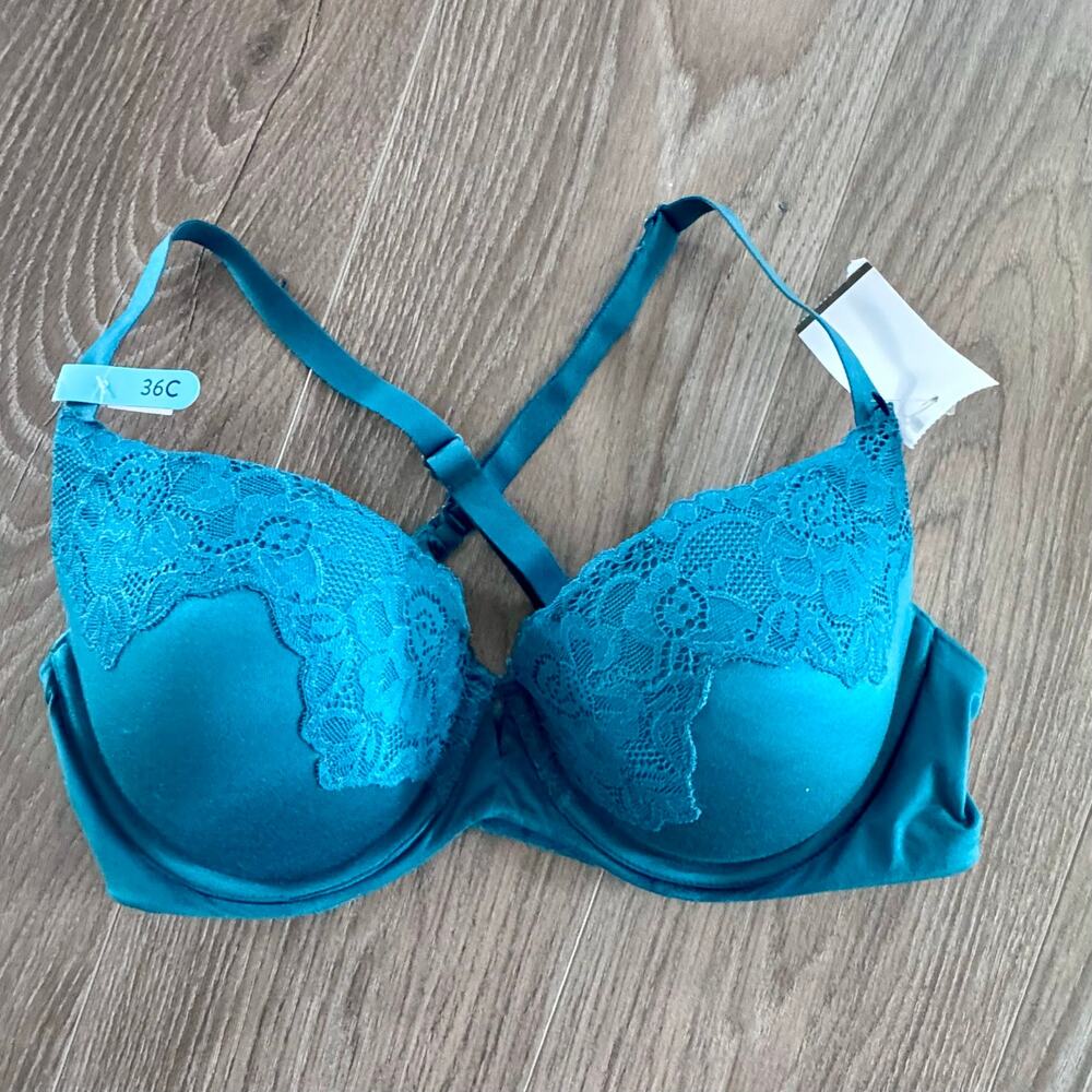 Maidenform Comfort Devotion Your LIFT Underwire Bra Teal Lace Convertible 36C